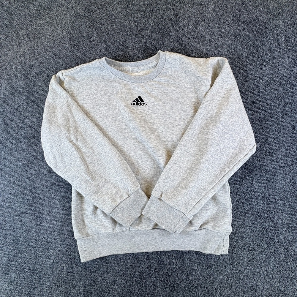 Adidas Sweatshirt Mens M Heather Gray Fleece Lined Logo Crew Neck Pullover Read